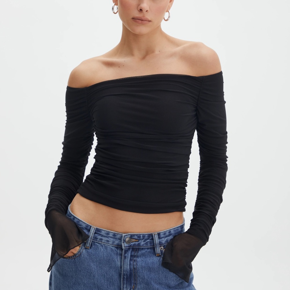 Ruched Mesh Off The Shoulder Top Black